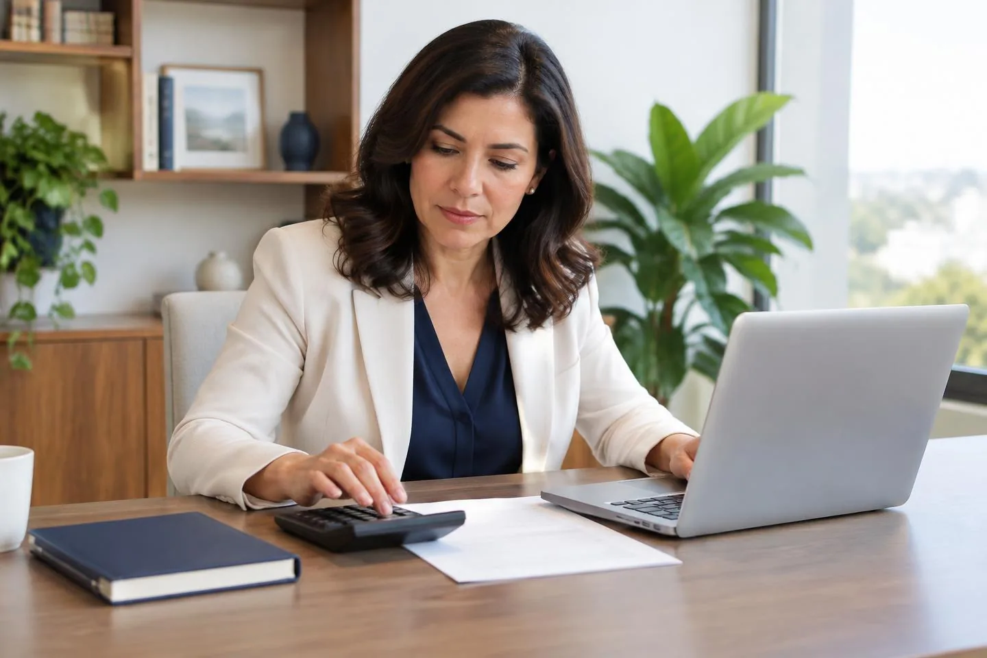 Profesionista revisando su ahorro con laptop y calculadora