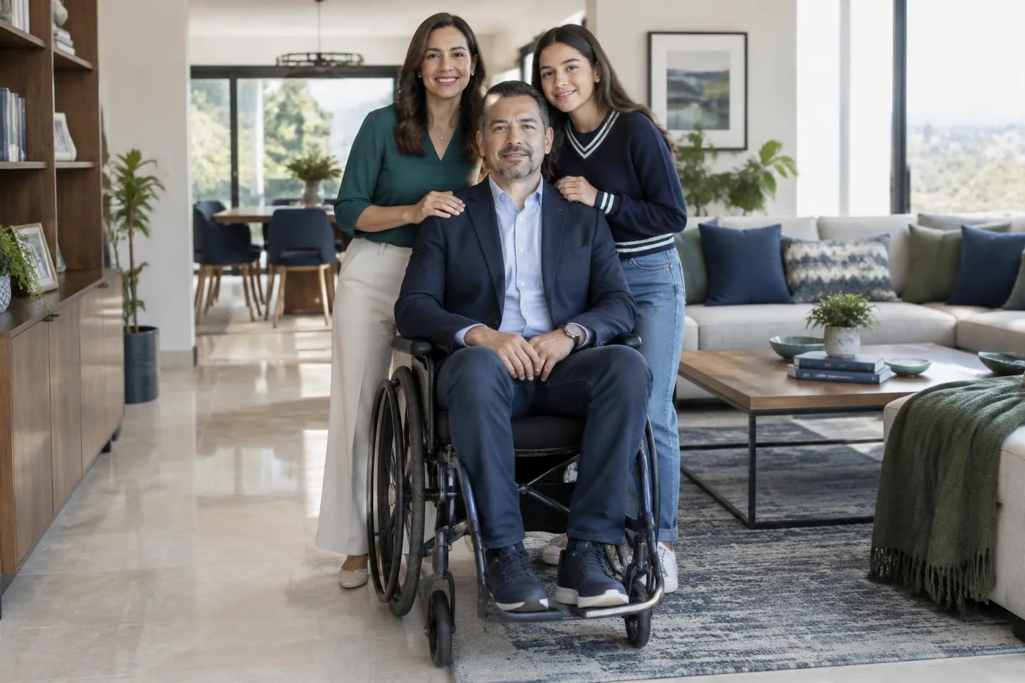 Profesionista en silla de ruedas junto a su esposa e hija en casa