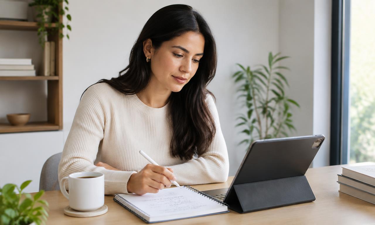 Profesional revisando opciones de ahorro y presupuesto en su escritorio