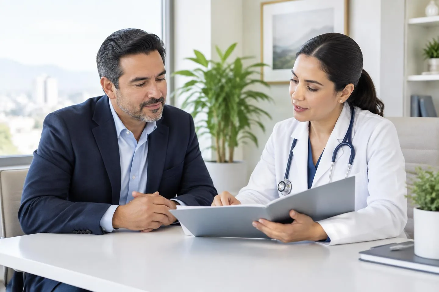 Paciente conversando con una médica en un consultorio moderno