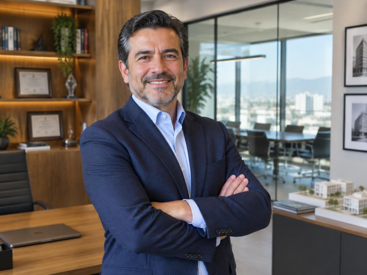Empresario en una oficina contemporánea con sala de reuniones