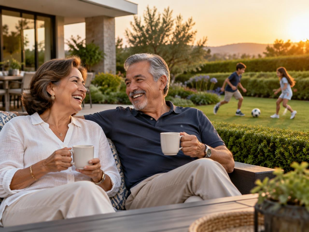 Pareja disfrutando una etapa de retiro en una terraza con jardín