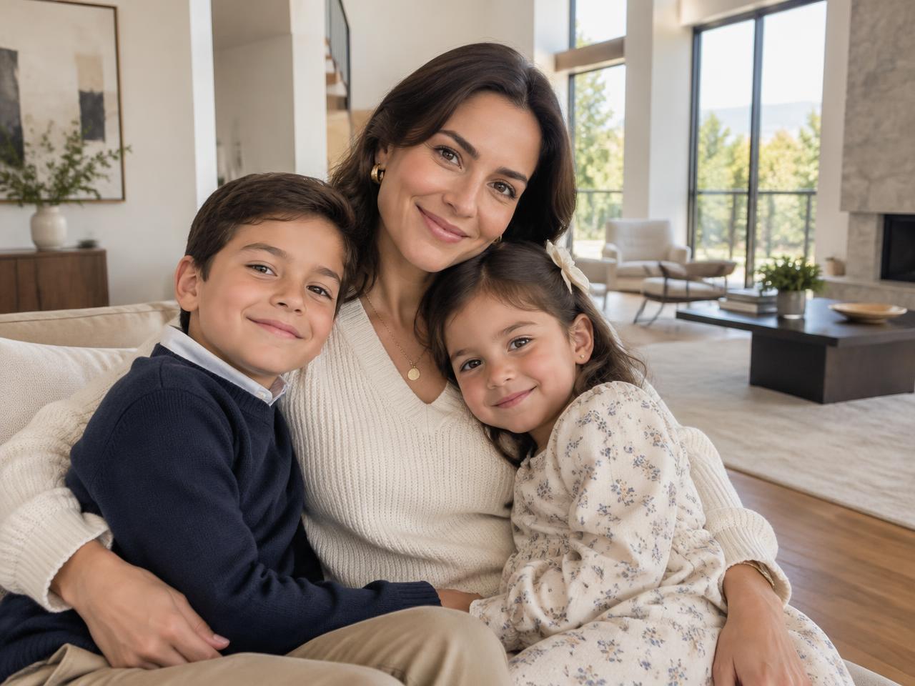 Mamá profesionista abrazando a sus hijos en una casa moderna